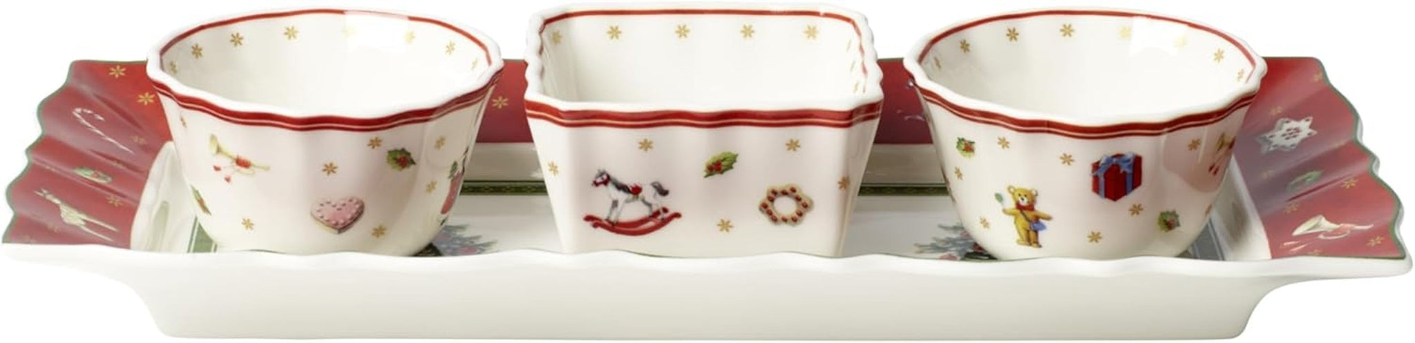 Villeroy & Boch - Toy's Delight Soßenset, 4-teilig, Servierplatte mit Schalen, weihnachtliches Soßenschalen-Set, Spielzeug-Tischdekoration, Serviertablett, Schüsseln, Weihnachtsgeschirr, Premium-Porzellan