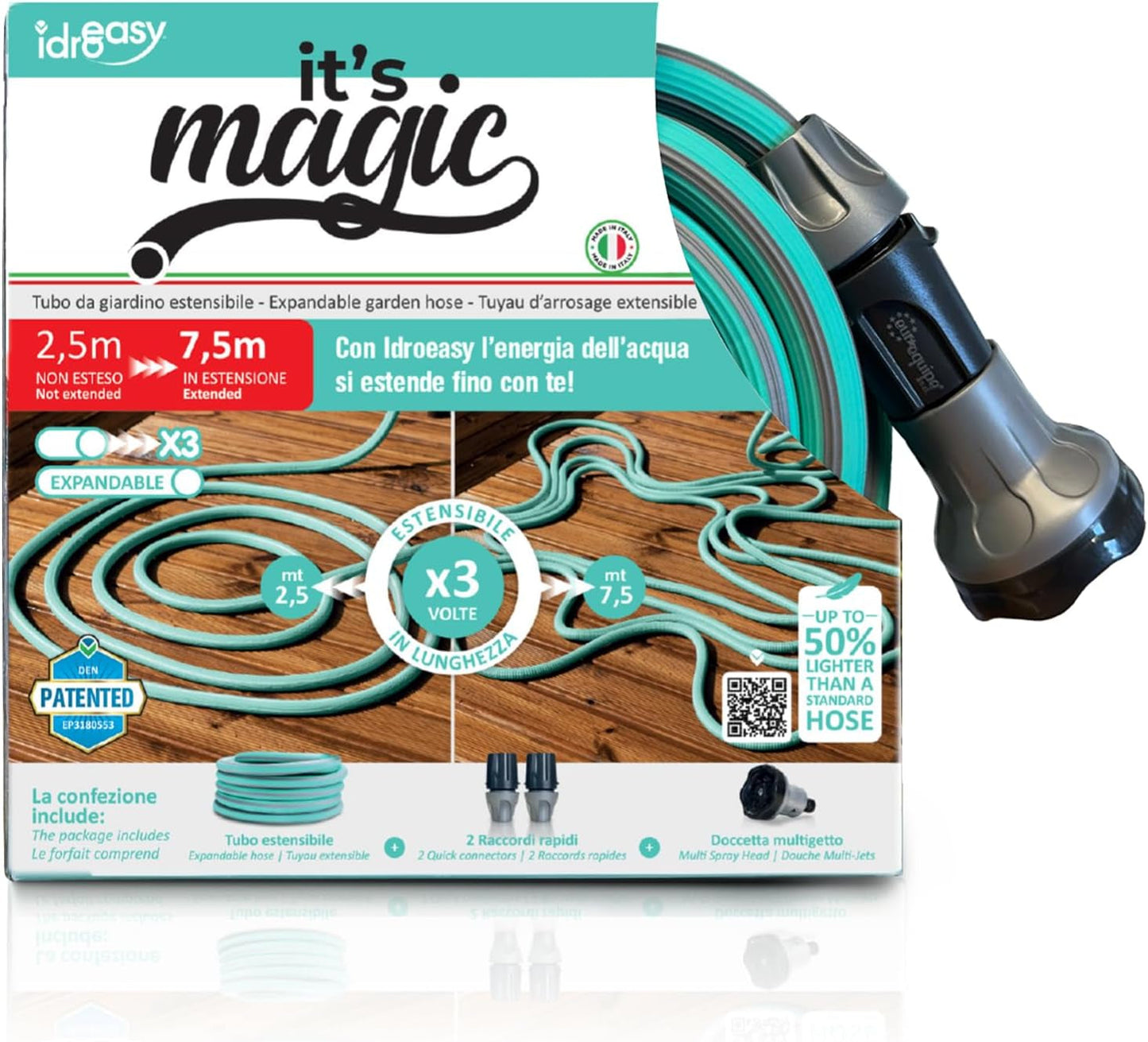 Gartenschlauch ausziehbar bis zu 7,5 Meter, 1/2" (12,5 mm), mit Handbrause und 8 Funktionen, Idroeasy
