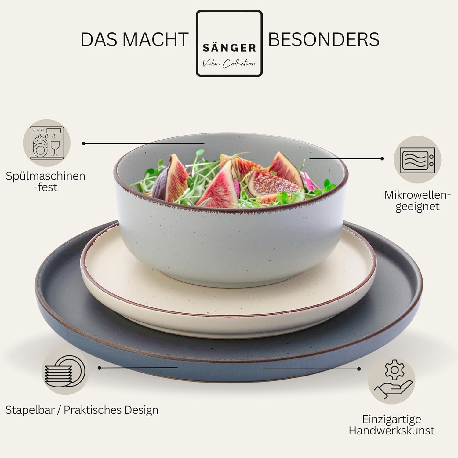 SÄNGER Bombay Moonlight | 12-teiliges Keramik-Geschirrset für 4 Personen, 4 Speiseteller, 4 Dessertteller, 4 Schüsseln, verschiedene Farben | DIE VALUE-KOLLEKTION