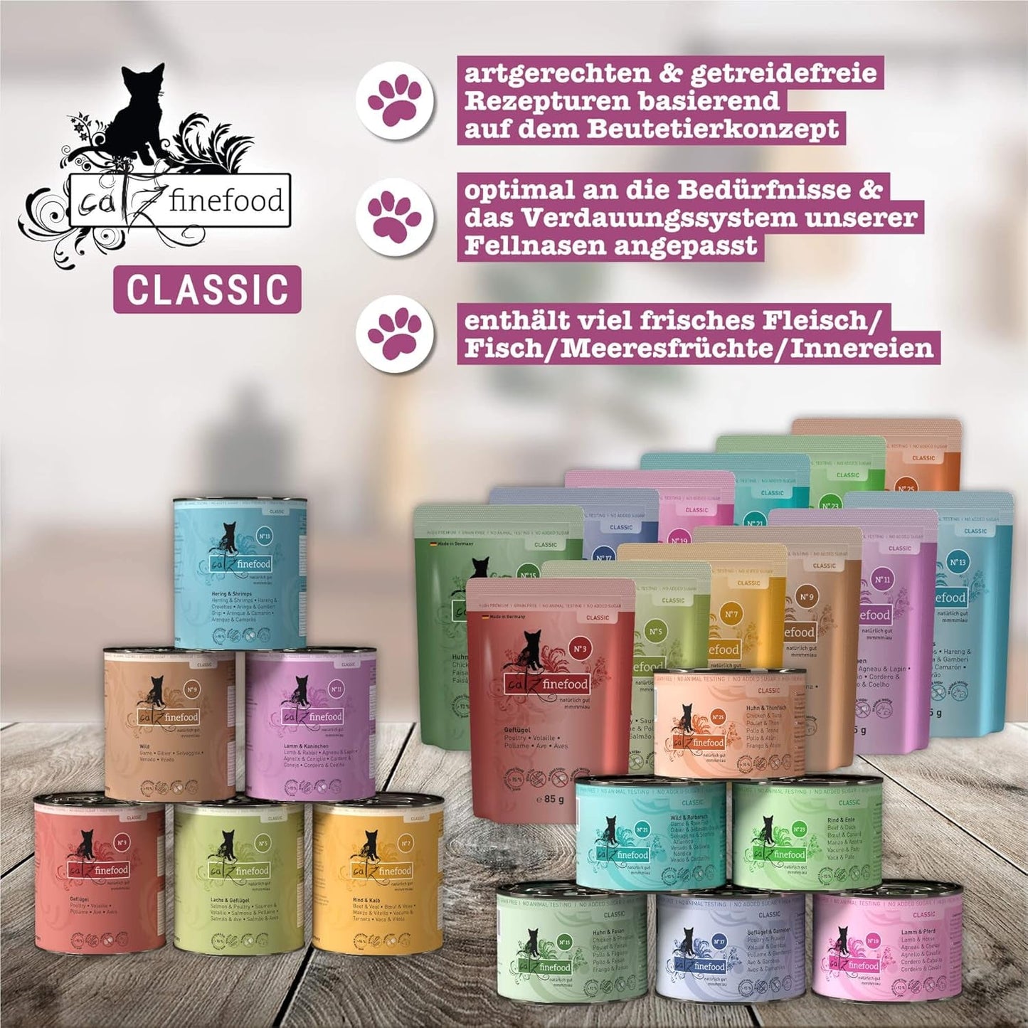 Catz Finefood Classic Collection Mixed Pack Nassfutter für Katzen – Gourmet-Nassfutter für Ihre Katze, getreide- und zuckerfrei, mit hohem Fleischanteil, 24 Beutel x 85 g