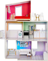 Rainbow High Townhouse - 3-stöckiges Holzpuppenhaus mit 5 bunten Zimmern & Terrasse - Komplett eingerichtetes Haus mit funktionierendem Lift und Zubehör - Spielzeug für Kinder von 4 bis 12+ Jahren