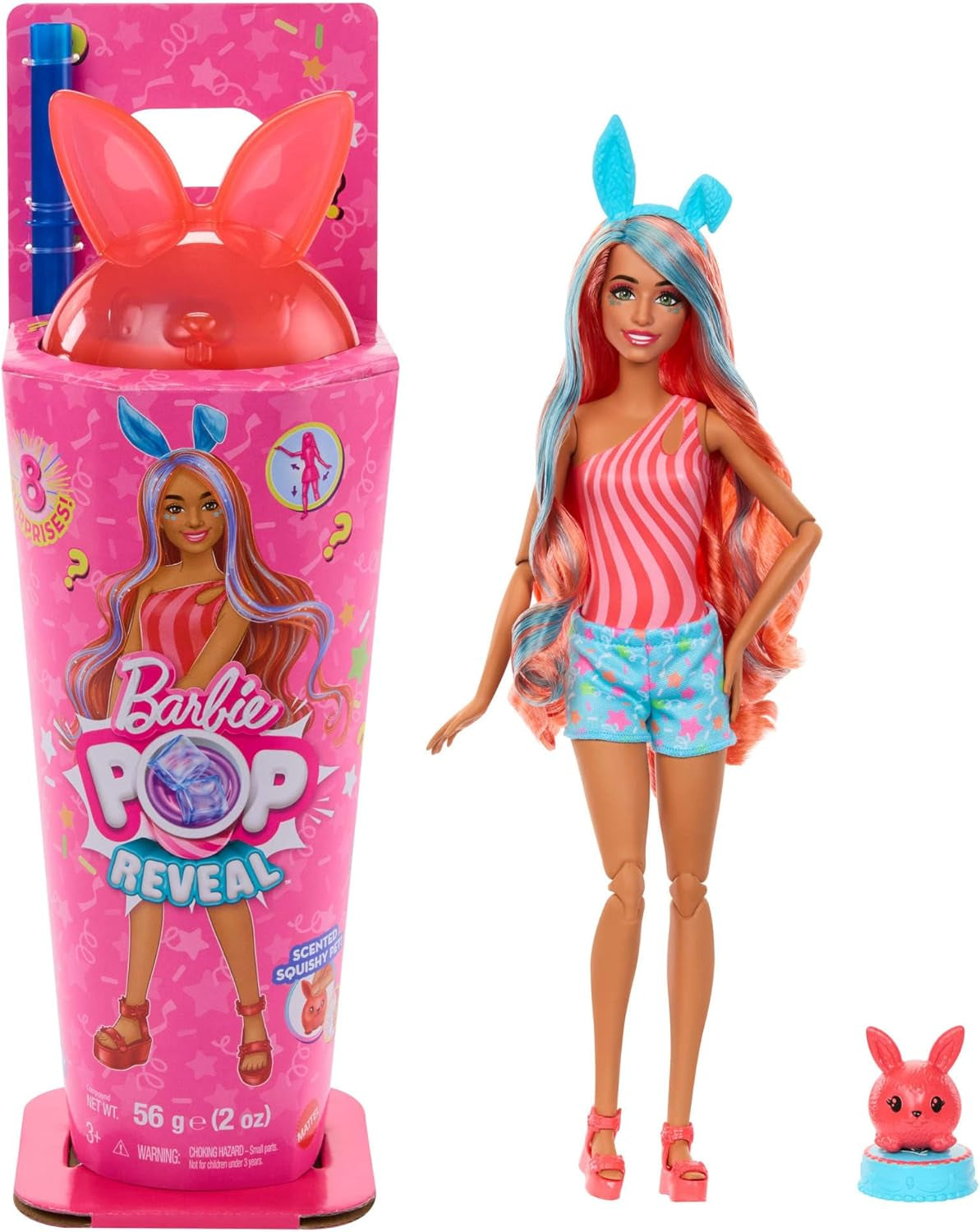 Barbie Pop Reveal Puppe und Zubehör-Set, Shakes-Serie, süße, duftende Kätzchen-Modepuppe und Haustier mit 8 Überraschungen, einschließlich Farbwechsel, JCN87