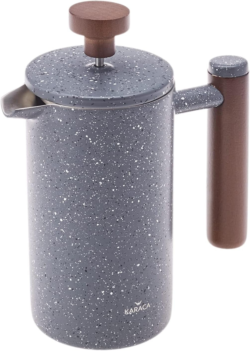 KARACA Doppelwandige French Press aus Marmor mit Kastanienholzgriff – Isolierte French Press für Kaffee – Zuhause, Reisen, Camping, Kaffeemaschine – 350 ml – Dunkelgrau
