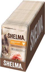 Shelma Nassfutter für Katzen mit Huhn in Tomaten-Kräuter-Sauce – getreidefreies Vollfutter mit hohem Fleischanteil – 28 x 85 g (2,38 kg)