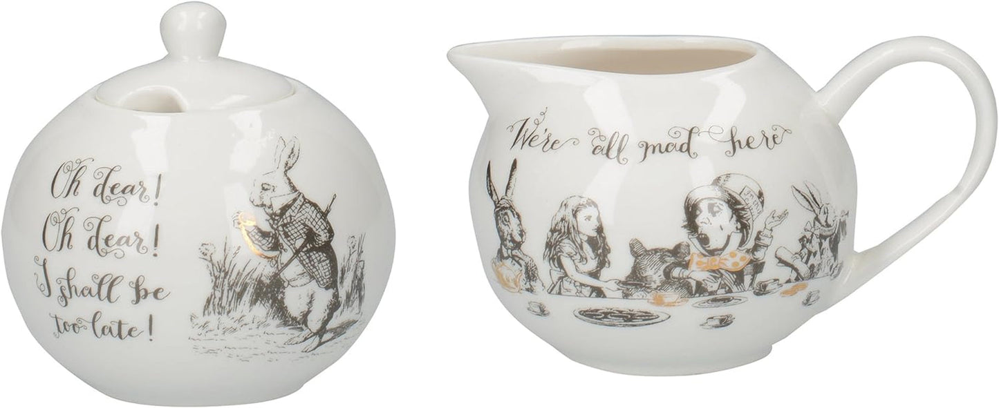Alice im Wunderland Teekanne und Milchkännchen aus feinem Porzellan, Porzellanschale und Milchkännchen in einer luxuriösen Geschenkbox