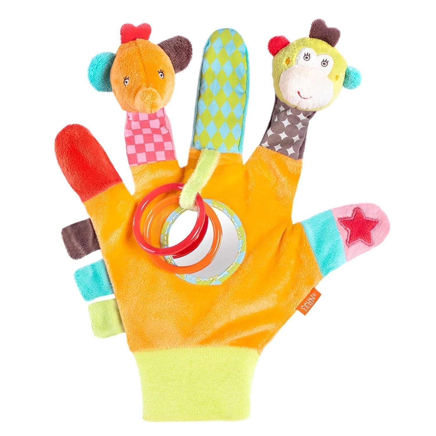 Fehn Babyhandpuppe Krokodil – Plüschtier mit Rassel, Raschelpapier, Beißring und Quietscher – Babyhandpuppe – Knallspielzeug für Babys und Kleinkinder ab 6 Monaten Babyspielzeug Naty Shop Safari