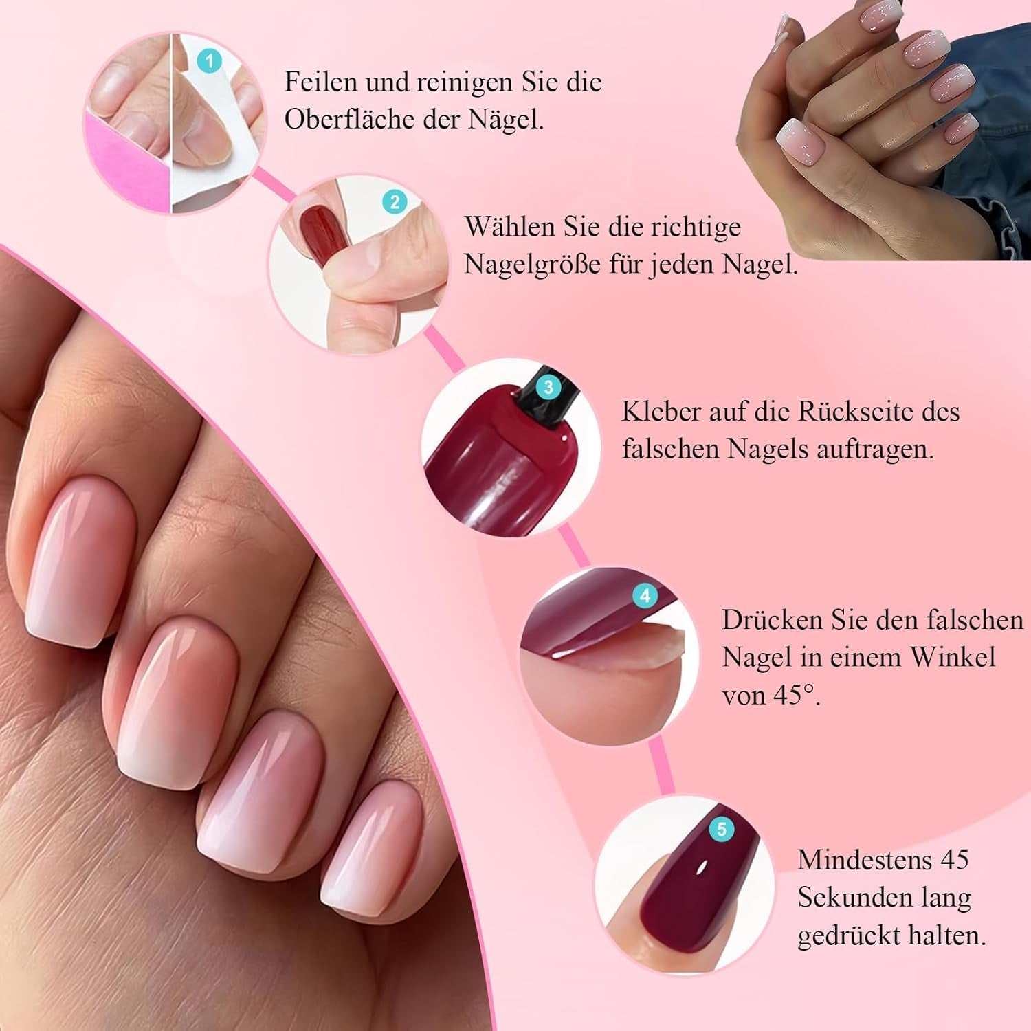 360-teiliges Kunstnägel-Set – Kurze Kunstnägel in Nude-Rosa-Weiß mit Farbverlauf – Quadratische Kunstnägel zum Aufkleben – Vollflächige, glänzende, selbstklebende Nägel für Frauen und Mädchen (quadratisch)