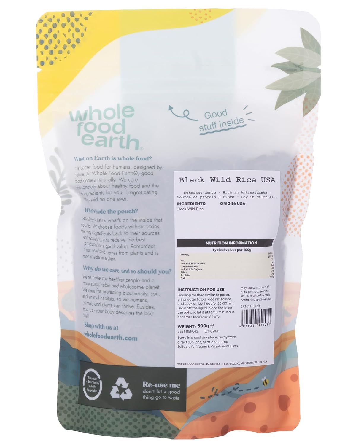 Wholefood Earth USA Schwarzer Wildreis – gentechnikfrei – natürlich – vegan – milchfrei – ohne Zuckerzusatz, 500 g