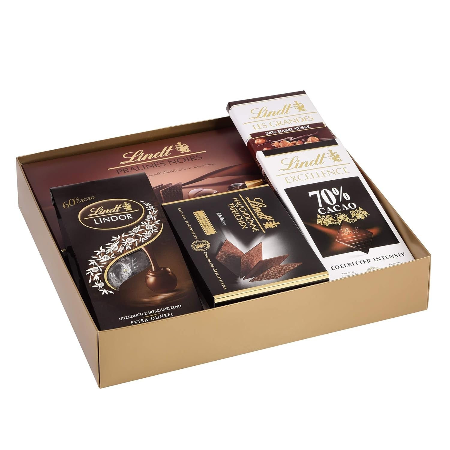 Lindt Dunkles Schokoladenset | 847 g | Set mit 6 Lindt Zartbitterschokoladenspezialitäten (Tafeln, LINDOR, Pralinen) von halbsüß bis extra dunkel | Großpackung | Schokoladengeschenk