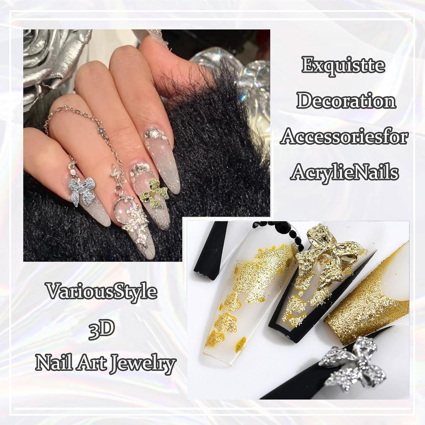 30 Stück Metall-Nagelschleifen, gold-silbergraue Schleifen, Nagelzubehör, Nageldekorationen für Frauen und Mädchen, Nagelkunst-Design