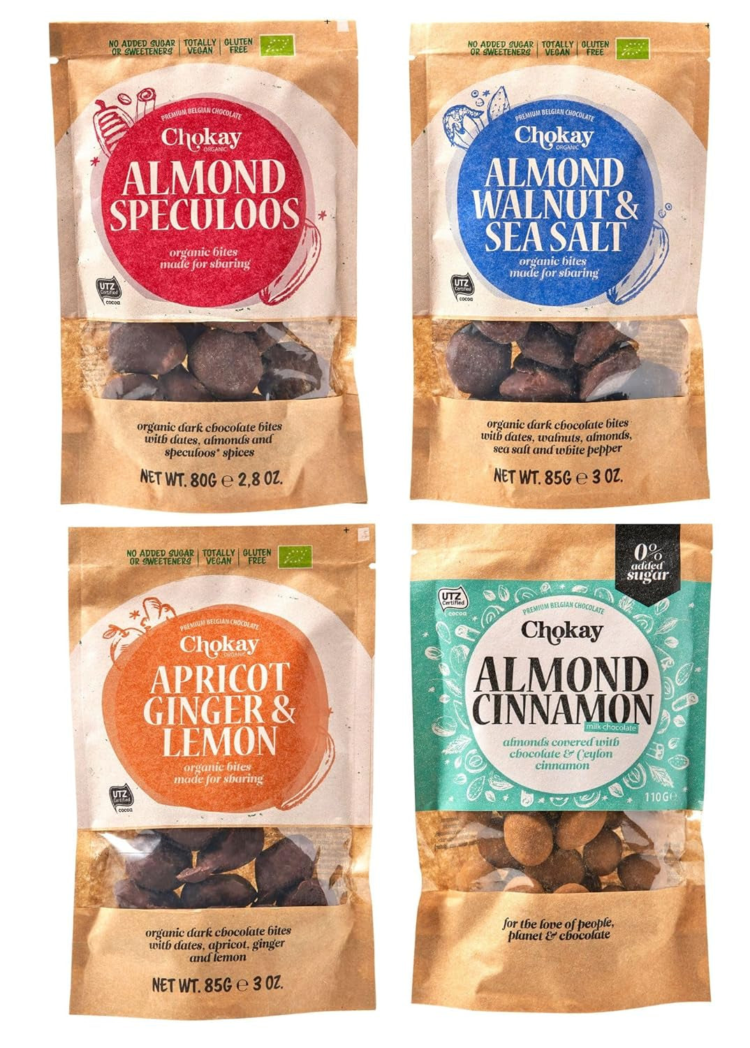 Set mit 4 Bio-Häppchen – Zimtmandeln/Zimtmandeln in belgischer Zartbitterschokolade/Ohne Zuckerzusatz, ohne Süßstoffe/VEGAN & FAIR TRADE / 4 x 85g