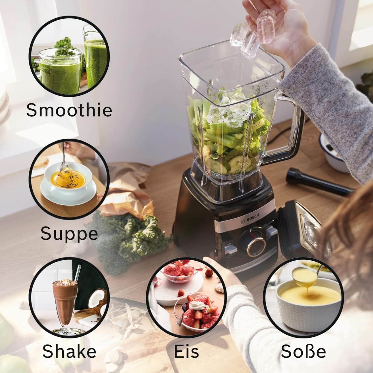 Bosch Standmixer Vitaboost MMBH6P6BDE, 6-Klingen-Edelstahlmesser, 2.5L Tritan-Mixbehälter, Stopfer, 6 Automatikprogramme, Rezeptbuch, Bpa-Frei, Einfache Reinigung, 45.000 U/Min, 1600 W, Schwarz Bucatarie Naty Shop