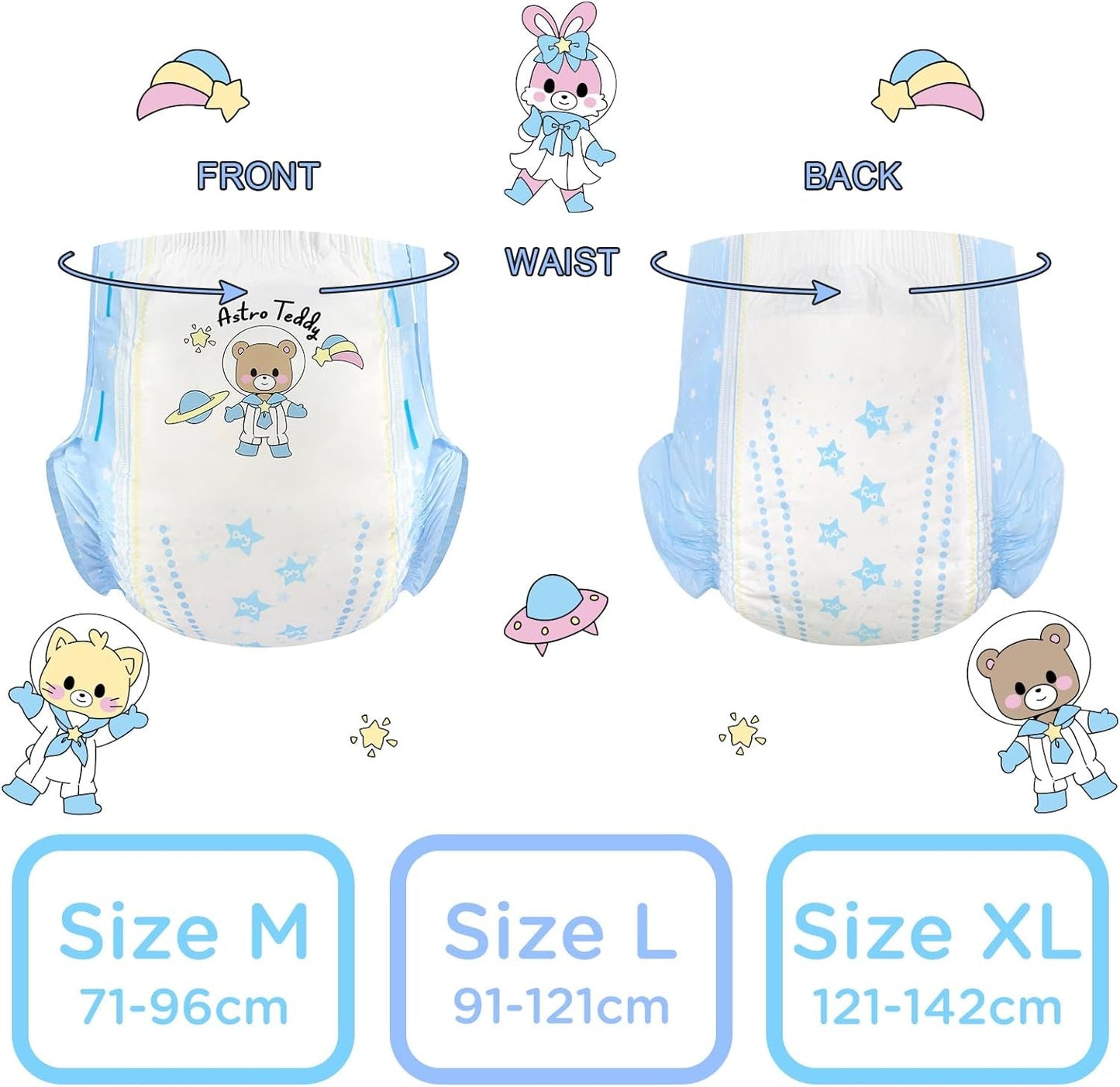 Bedruckte Windeln für Erwachsene, 5500–5800 ml, 2er-Pack, 3 Drucke, zufällige Auswahl – Astro Babies (L)