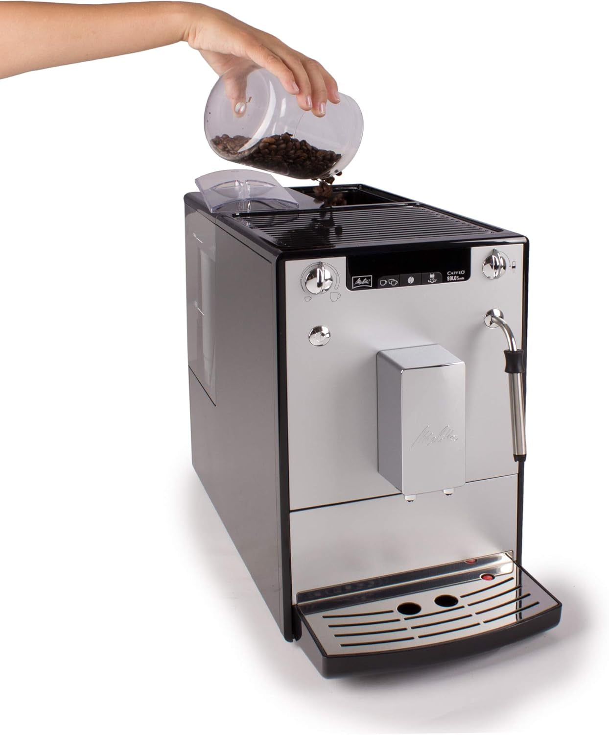 Melitta Solo & Milk – Vollautomatische Slim-Kaffeemaschine mit Milchaufschäumer, Kaffeemaschine mit abnehmbarem Wassertank, z.B. Kaffee oder Cappuccino, Silber