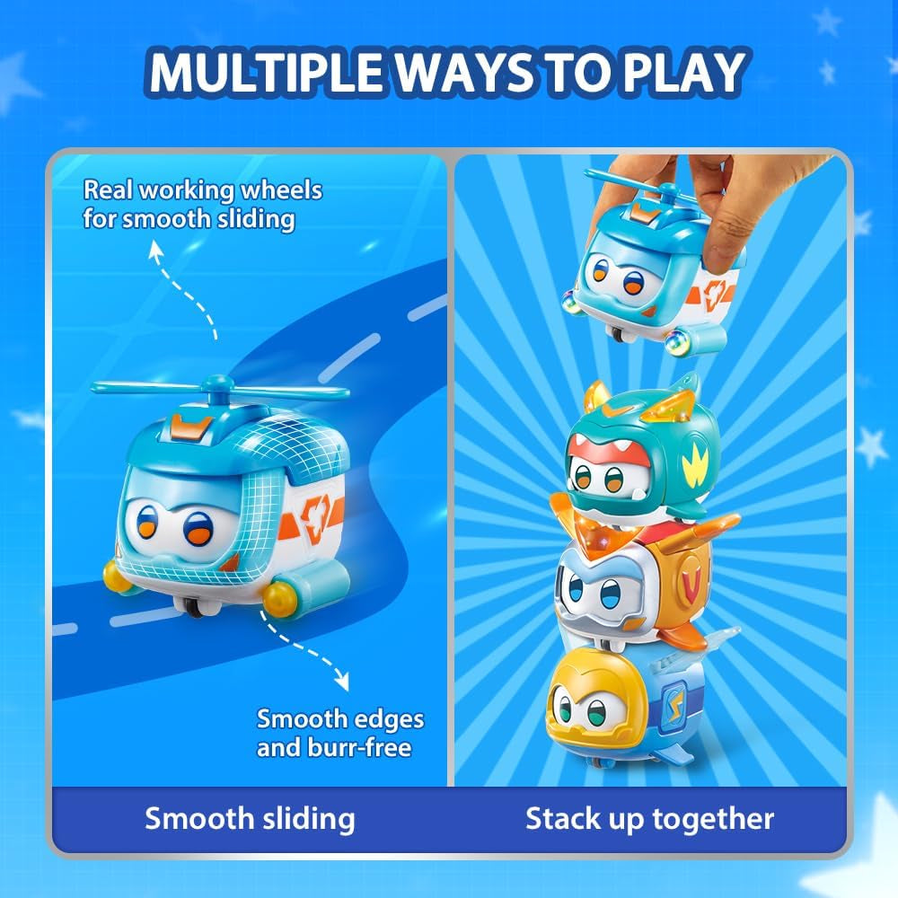 Super Wings Super Pets 4 Stück Shine, Golden Boy, Jerome, Ellie, umschaltbarer Gesichtsausdruck, Blitzeffekt, tragbares Spielzeug für 3, 4, 5, 6, 7, 8 Jahre alte Jungen und Mädchen, 5,1 cm große Actionfiguren, Naty Shop