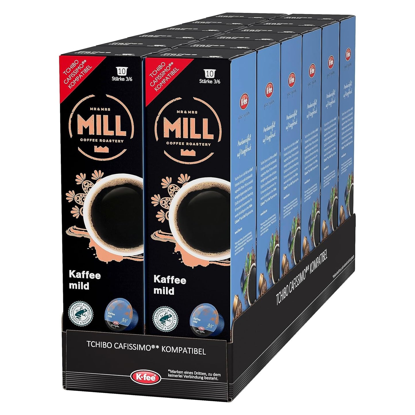 Mr & Mrs Mill Kaffee milder Filterkaffee, kompatibel mit K-fee & Tchibo Cafissimo*, Stärke 3/6, 120 Kaffeekapseln