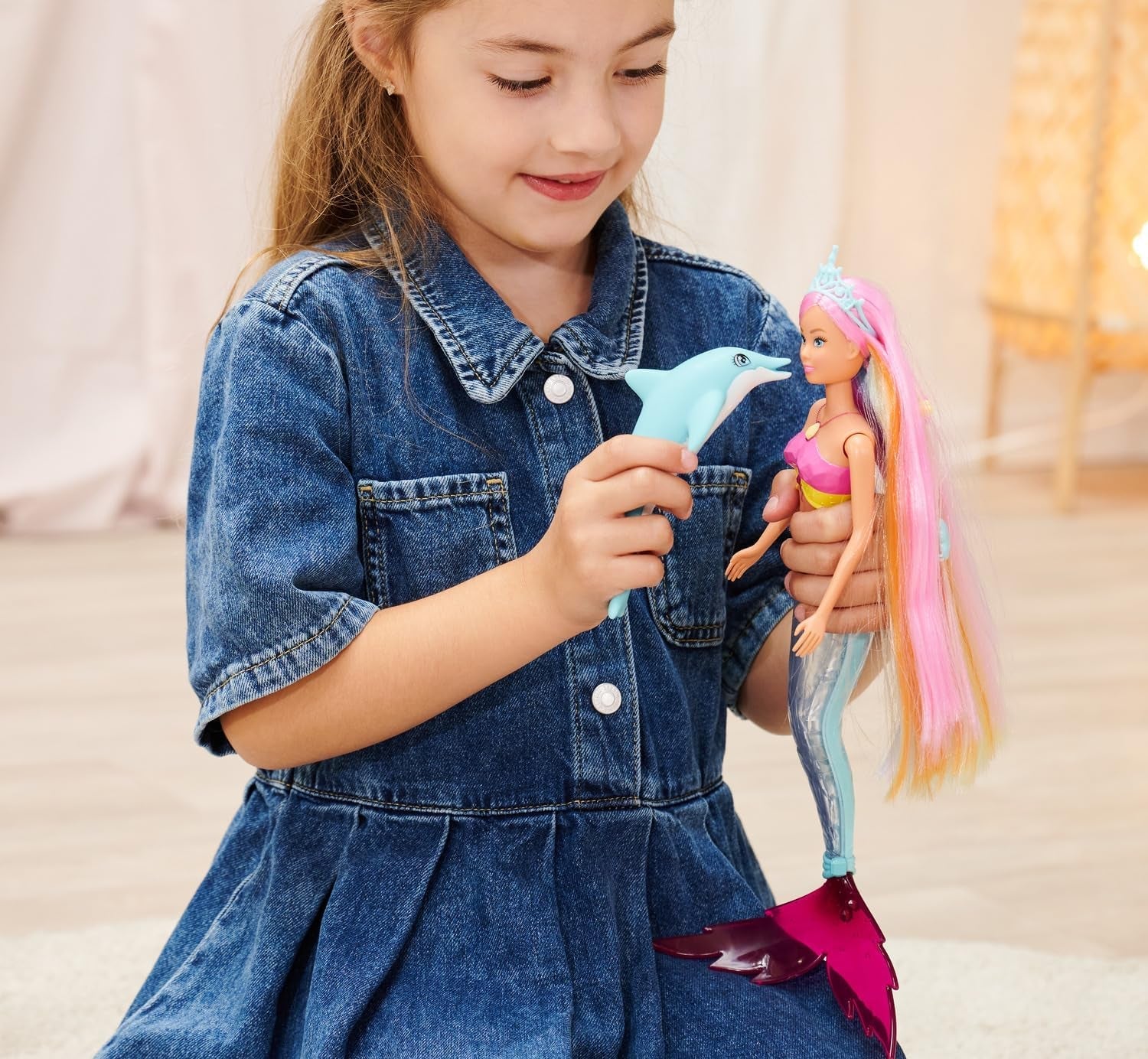 Simba Steffi Love Mermaizing Meerjungfrau-Puppe mit Regenbogen-Lichtfunktion, extra langem Haar, Delfinfigur und Haarspangen, 39 cm Höhe, Try-Me-Funktion, ab 3 Jahren