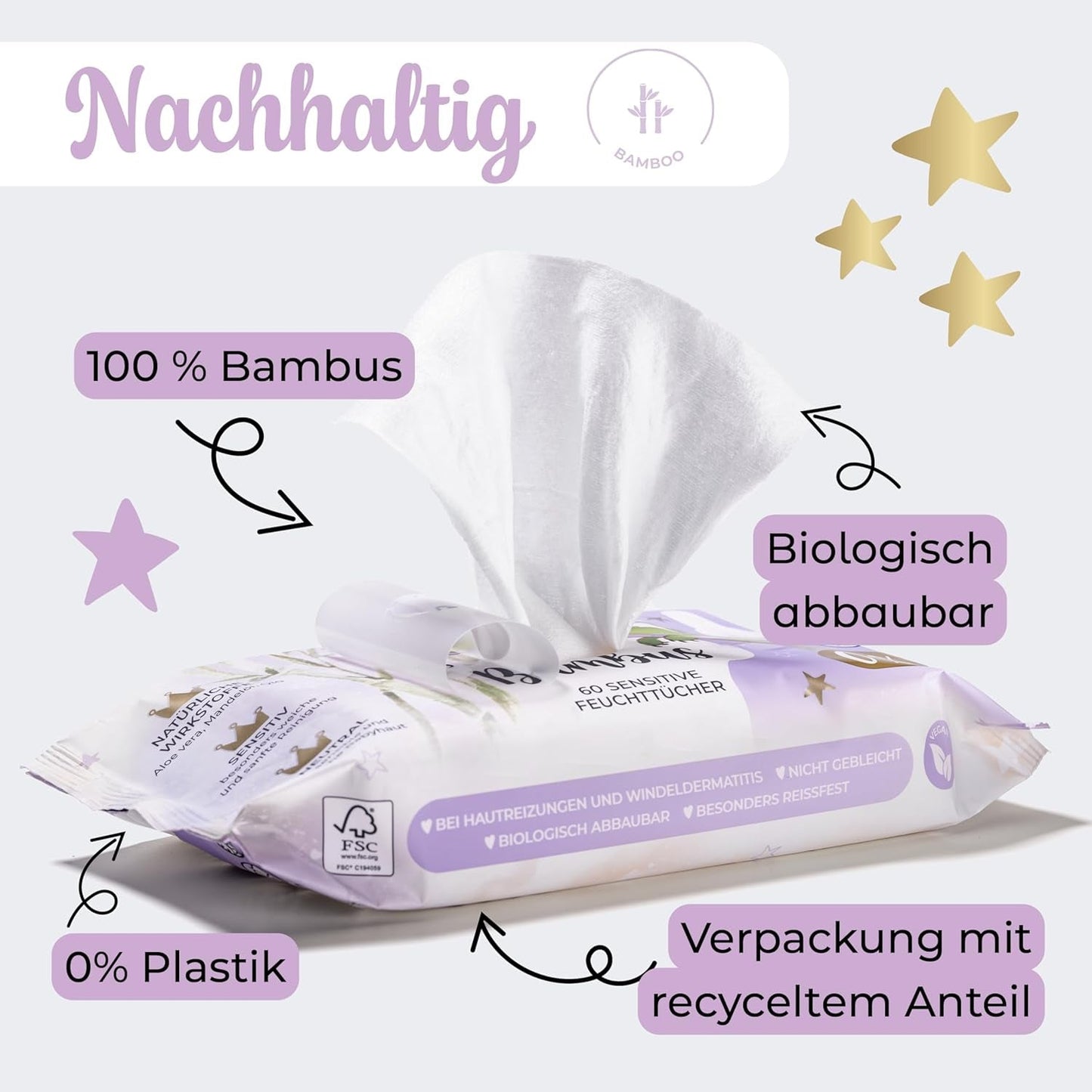 Millis Bamboo Baby Sensitive Feuchttücher für zarte Babyhaut – 5 x 60 Stück – Natürliche, sanfte und nachhaltige Reinigung – Biologisch abbaubare Babytücher, plastikfrei und alkoholfrei