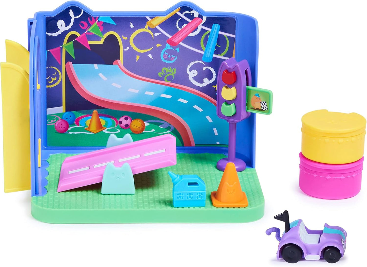 Gabby's Dollhouse Deluxe-Zimmer, Purr-Ific-Spielzimmer, Spielzimmer mit Carlita-Spielzeugauto, 2 Möbelstücken und 2 Überraschungsboxen mit Zubehör, geeignet für Kinder ab 3 Jahren. Naty Shop-Puppenhäuser