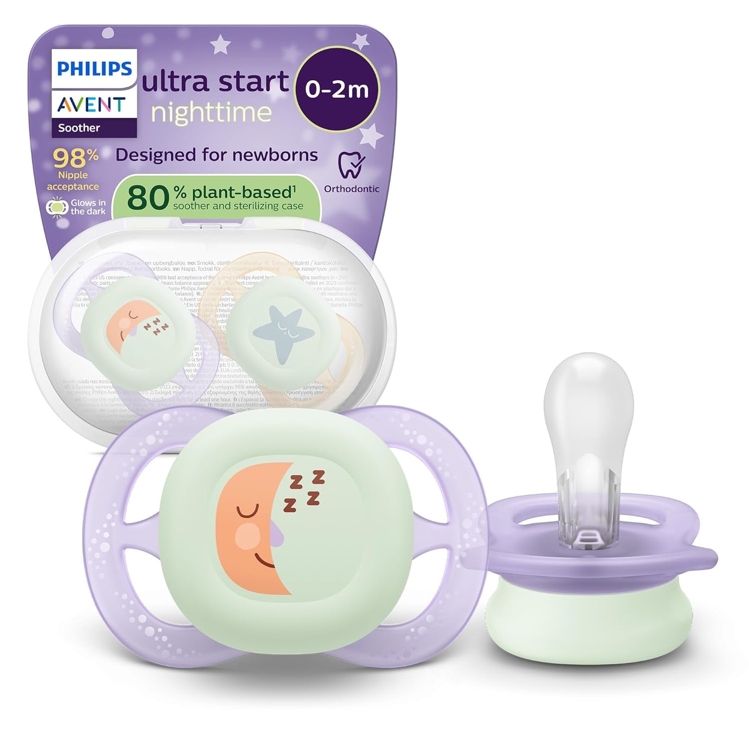 Philips AVENT Ultra Start Nachtschnuller, kieferorthopädischer Schnuller für Neugeborene, leuchtet im Dunkeln, BPA-frei, mit Sterilisationsbehälter, Doppelpack, Mond, Stern, SCF075/07
