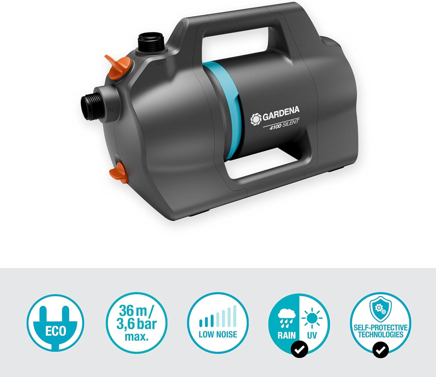 Gardena 4100 Silent Gartenpumpen-Set: Sehr leise und innovative Bewässerungspumpe mit 3,5 m Sauganschluss und 20 m klassischem Schlauch, 4100 l/h Durchfluss, 550 W Motor, wasserdicht, sparsam (9051-20)
