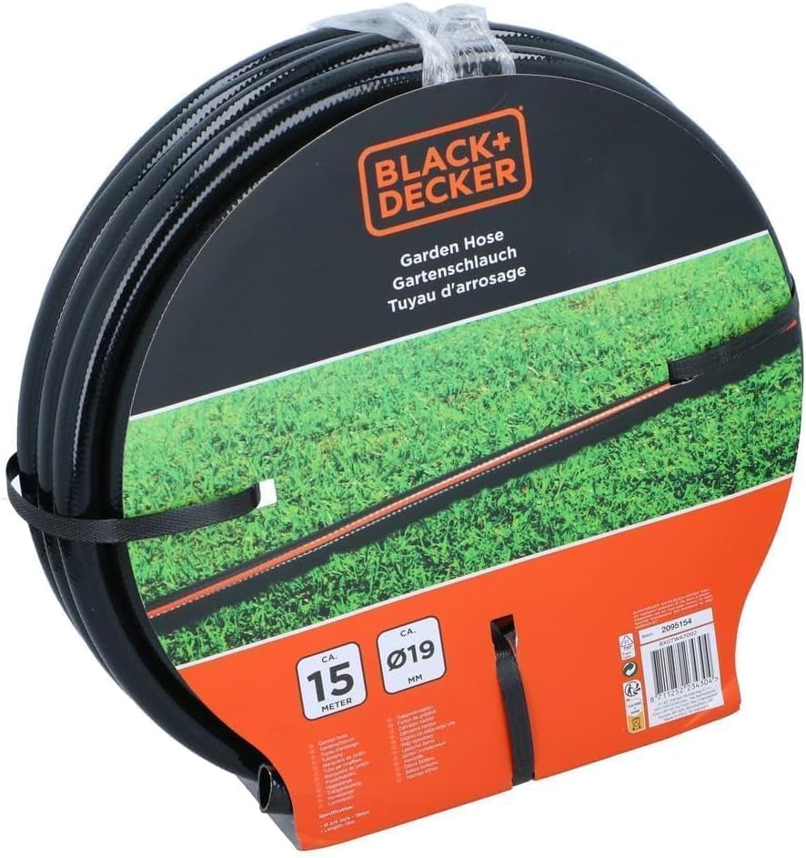 BLACK+DECKER Gartenschlauch 15 Meter – Ø19MM – Strapazierfähiges PVC – Den Garten bewässern, das Auto waschen, den Pool füllen – Kompatibel mit jedem Standard-Wasserhahn – Schwarz/Orange