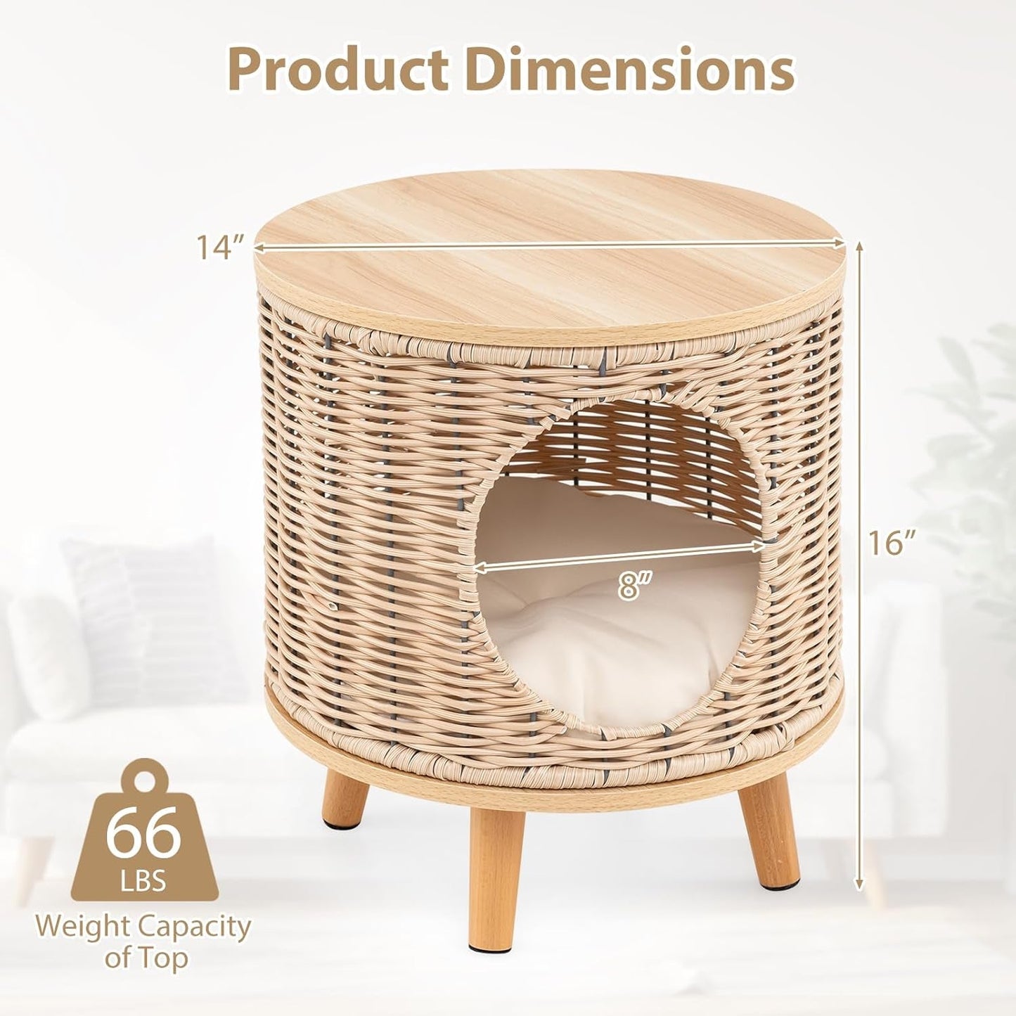 Katzenhaus Rattan, Katzenmöbel mit Holzbeinen & weichen Kissen, 3 in 1 Katzenhöhle Fußhocker Nachttisch, Katzenbett stabil bis 30 kg für Wohnzimmer Schlafzimmer