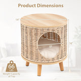 Katzenhaus Rattan, Katzenmöbel mit Holzbeinen & weichen Kissen, 3 in 1 Katzenhöhle Fußhocker Nachttisch, Katzenbett stabil bis 30 kg für Wohnzimmer Schlafzimmer