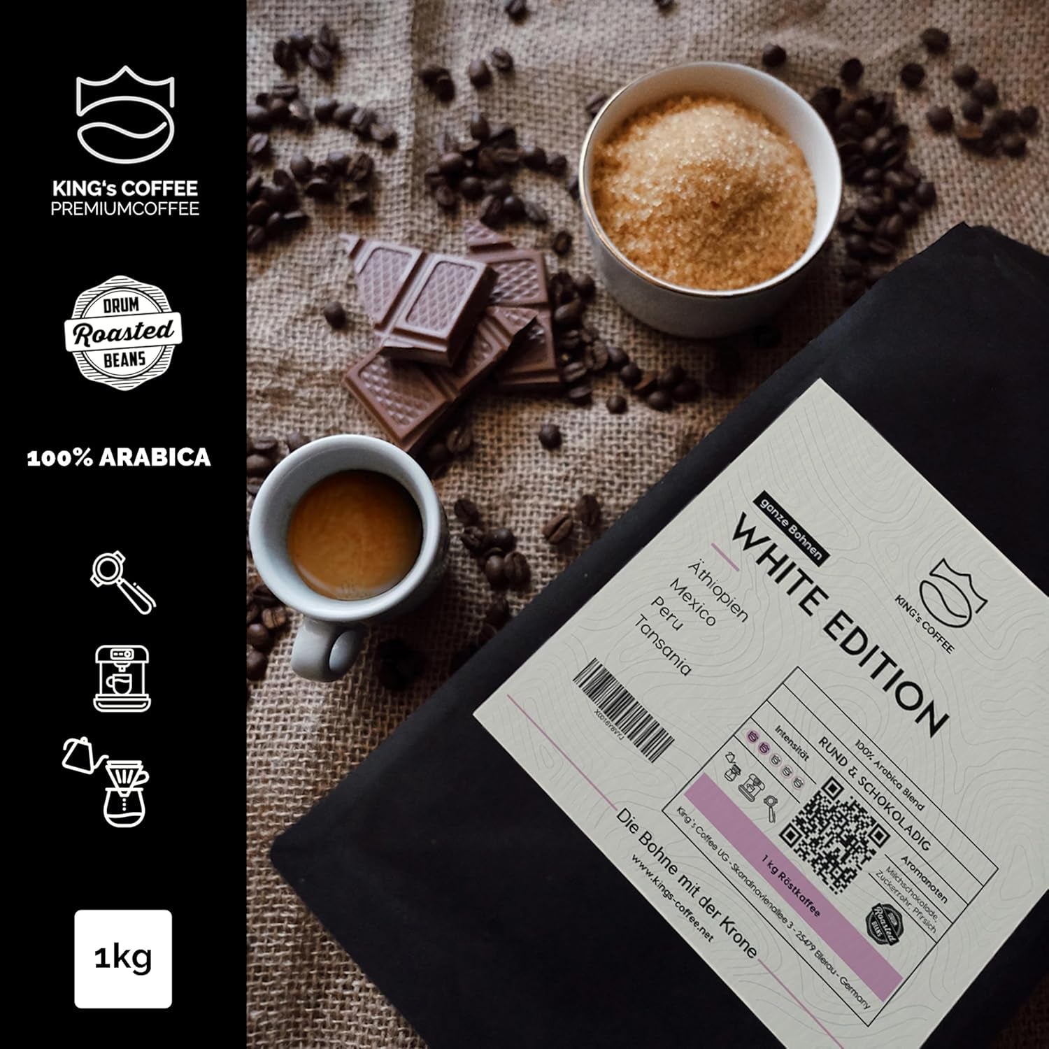 KING'S COFFEE – WHITE EDITION – leichte Mischung aus 100 % Arabica aus Äthiopien, Mexiko, Peru und Tansania – Kleinserienröstung in Italien – ganze Espressobohnen für Siebträgermaschinen – 1 kg