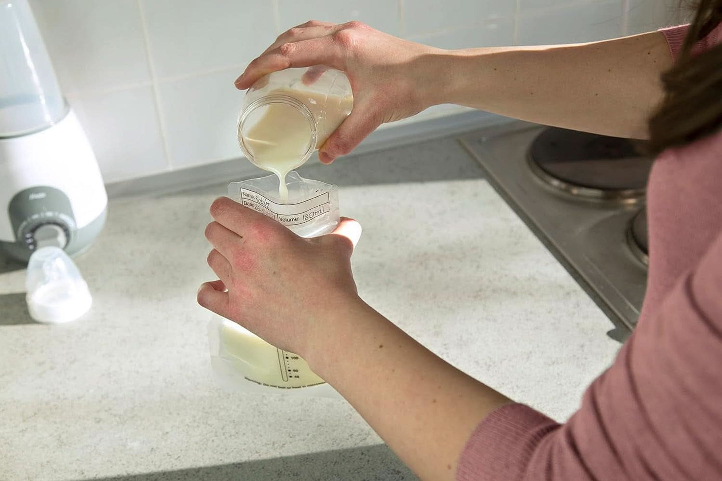 BF100 Aufbewahrungsbeutel für Muttermilch – Beutel für Muttermilch – Fassungsvermögen 220 ml – 100 Stück – Transparentes Lebensmittel- und Stillzubehör Bebe Naty Shop