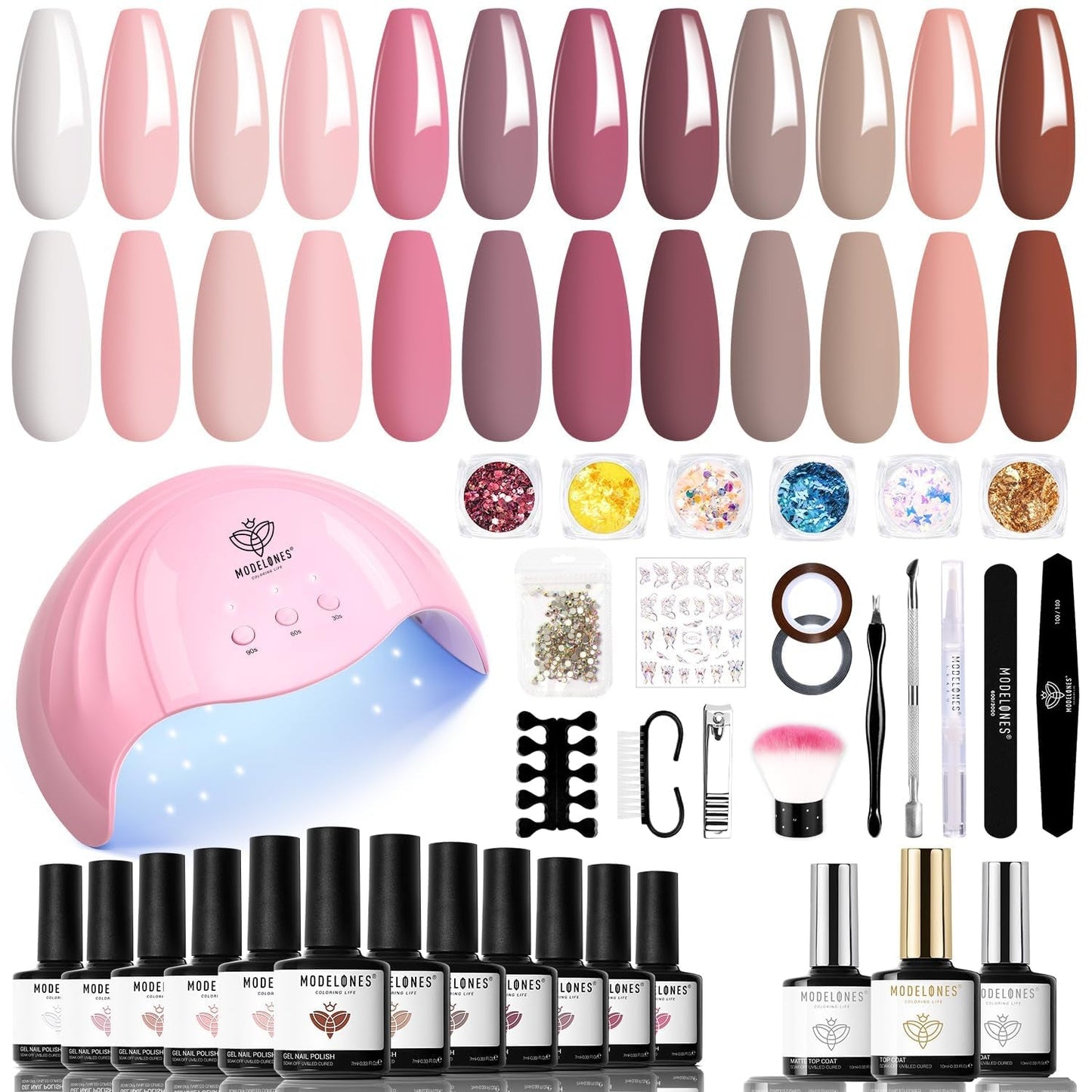 Modelones 35-teiliges Gel-Nagellack-Set, UV-Nagellack-Set mit 48-W-Lampe, Nude-Braun-Weiß-Rosa-Gel-Nagellack-Set, UV-Gel-Nagellack-Set mit Top Coat Base, Nagelstudio-Set