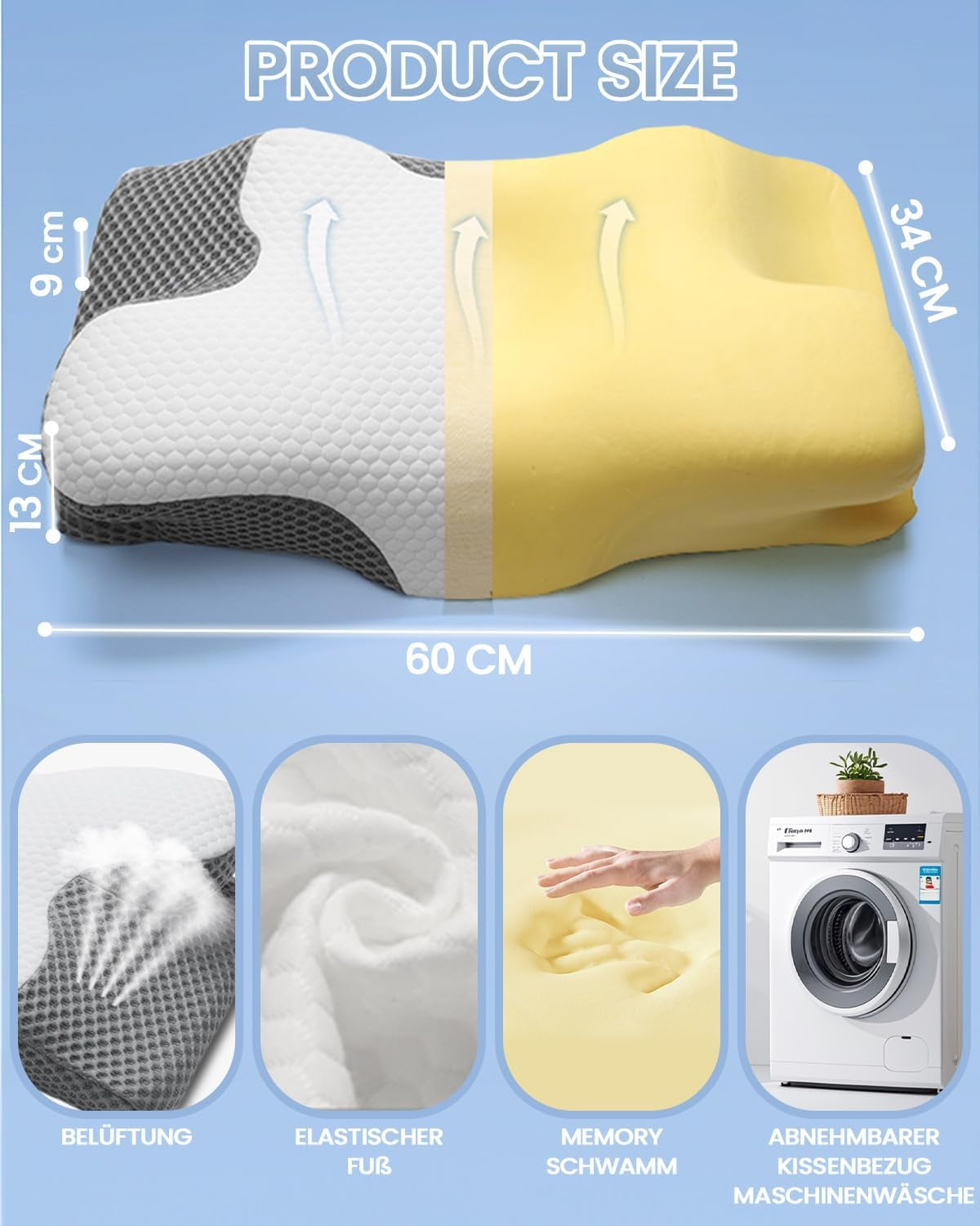2-in-1-Nackenkissen, Memory-Schaum-Kissen, ergonomisches orthopädisches Kissen, 2 Schlafhöhen, Nackenstützkissen für Seiten-/Rücken-/Bauchunterstützung, zervikale orthopädische Kissen, Naty Shop