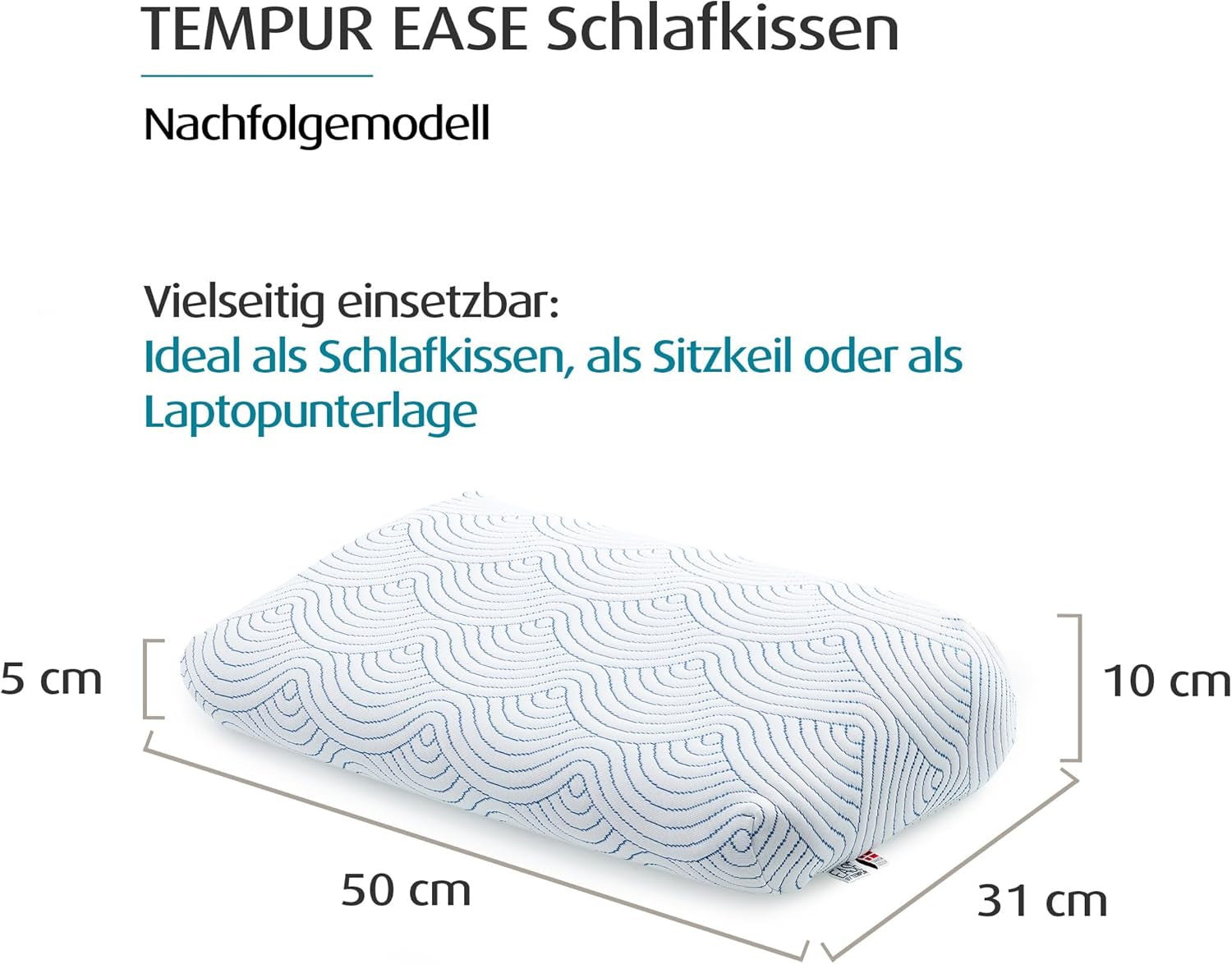TEMPUR EASE Memory Foam-Schlafkissen, ergonomisches Nackenstützkissen für jede Schlafposition, fester Halt, 50 x 31 x 10/5 cm, weiß Naty Shop Standardkissen