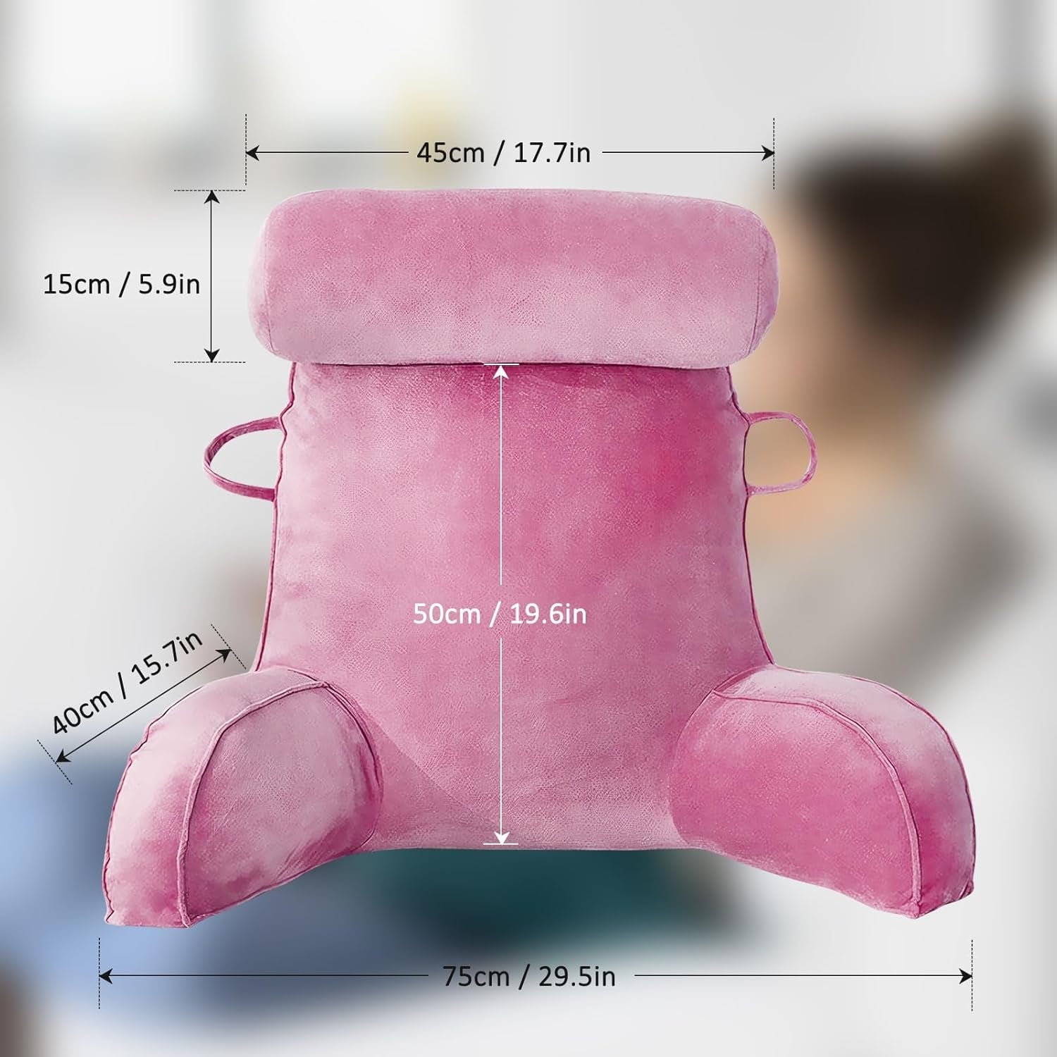 XL-Lesekissen für Bett und Sofa mit abnehmbarer Nackenrolle, ideales Rückenkissen für Erwachsene mit Memory-Schaum für bequemes Lesen, Arbeiten, Spielen, Fernsehen, Entspannen (Pink)