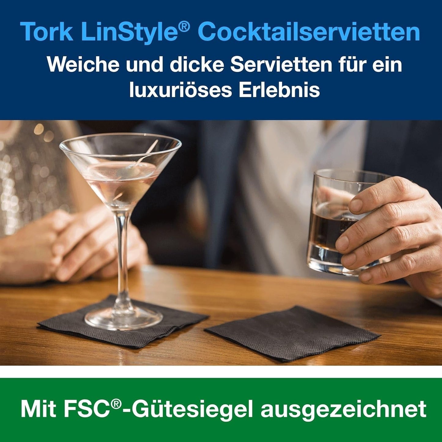 Tork Linstyle 509542 Schwarze Cocktailservietten, 1/4 Falz, 1-lagig, 23,8 x 23,8 cm, 1 x 100 Servietten
