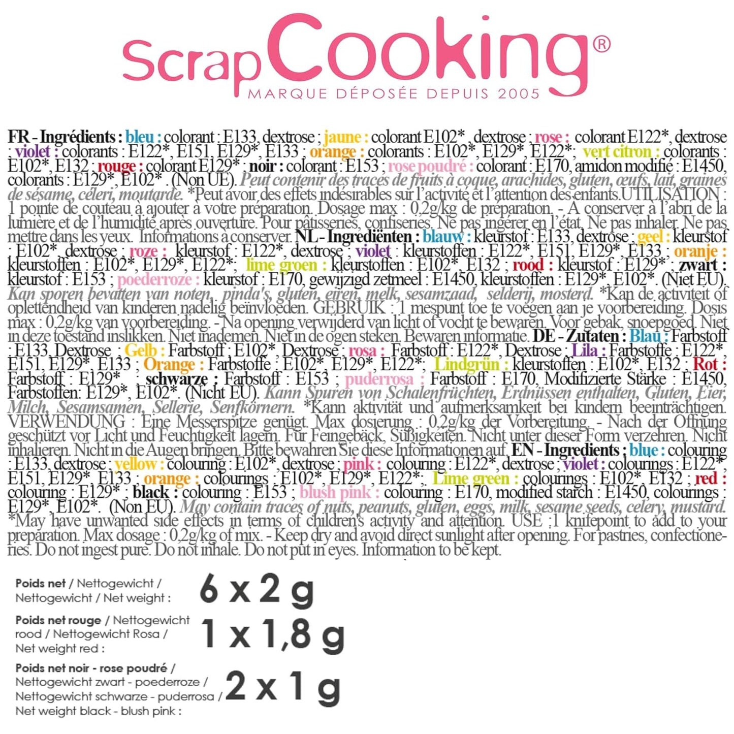 Scrapcooking – Set mit 9 pulverförmigen Lebensmittelfarben – Blau, Gelb, Rosa, Lila, Orange, Limettengrün, Rot, Puderrosa, Schwarz – Essbares Farbpulver für Kuchen, Muffins, Macarons – 4270