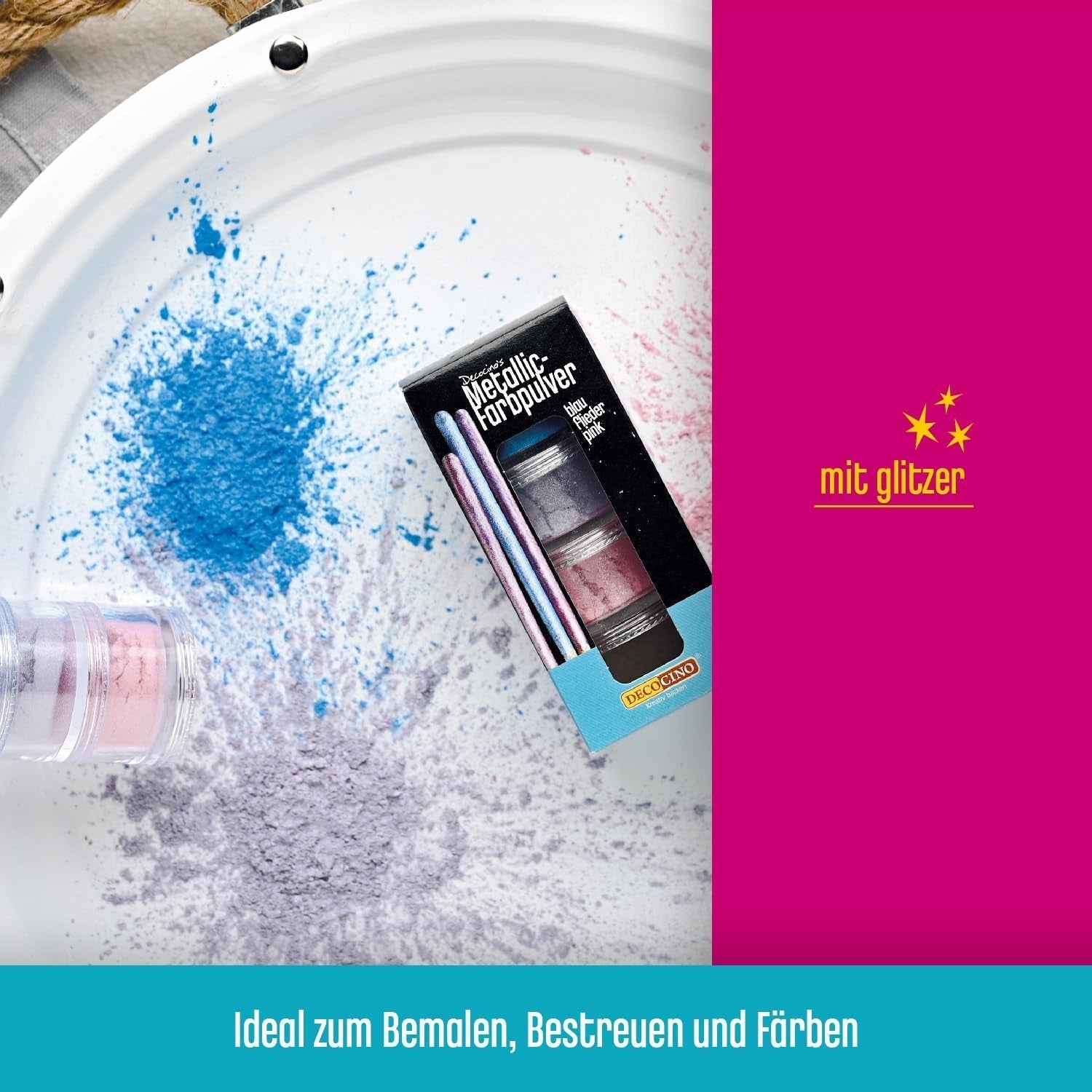 DECOCINO Metallic-Pastell-Farbpulver (3X2G) – Blau, Flieder und Rosa – Lebensmittelfarbpulver – Glitzerpulver geeignet für Fondant als Kuchendekoration und Kuchendekoration!
