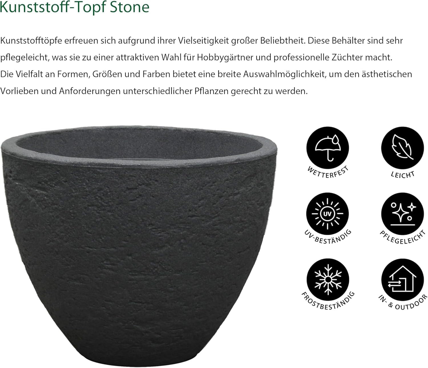 Dehner Steintopf, Ø 40 cm, Höhe ca. 31 cm, Kunststoff, Anthrazit