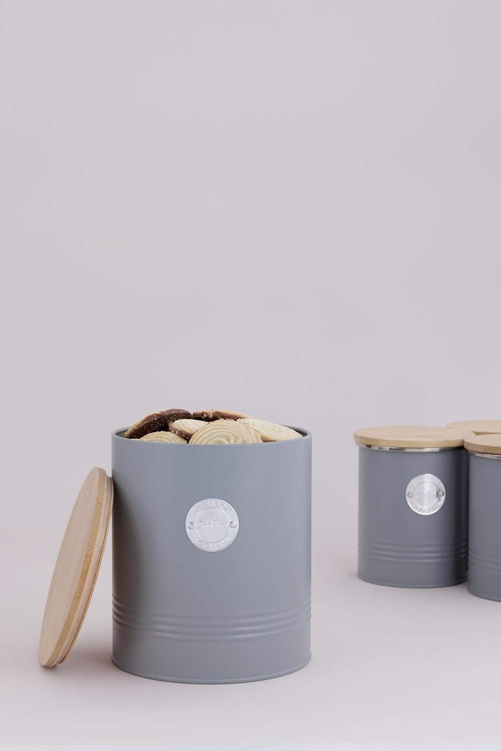 LIVING-Kollektion, Keksdose mit Deckel | pastellgrau | 3,4 l Keks-Aufbewahrungsbox | Keksdose aus Stahl mit Deckel | Luftdichte Vorratsdosen aus Bambus mit Deckel, Aufbewahrungsboxen für Lebensmittel von Naty Shop
