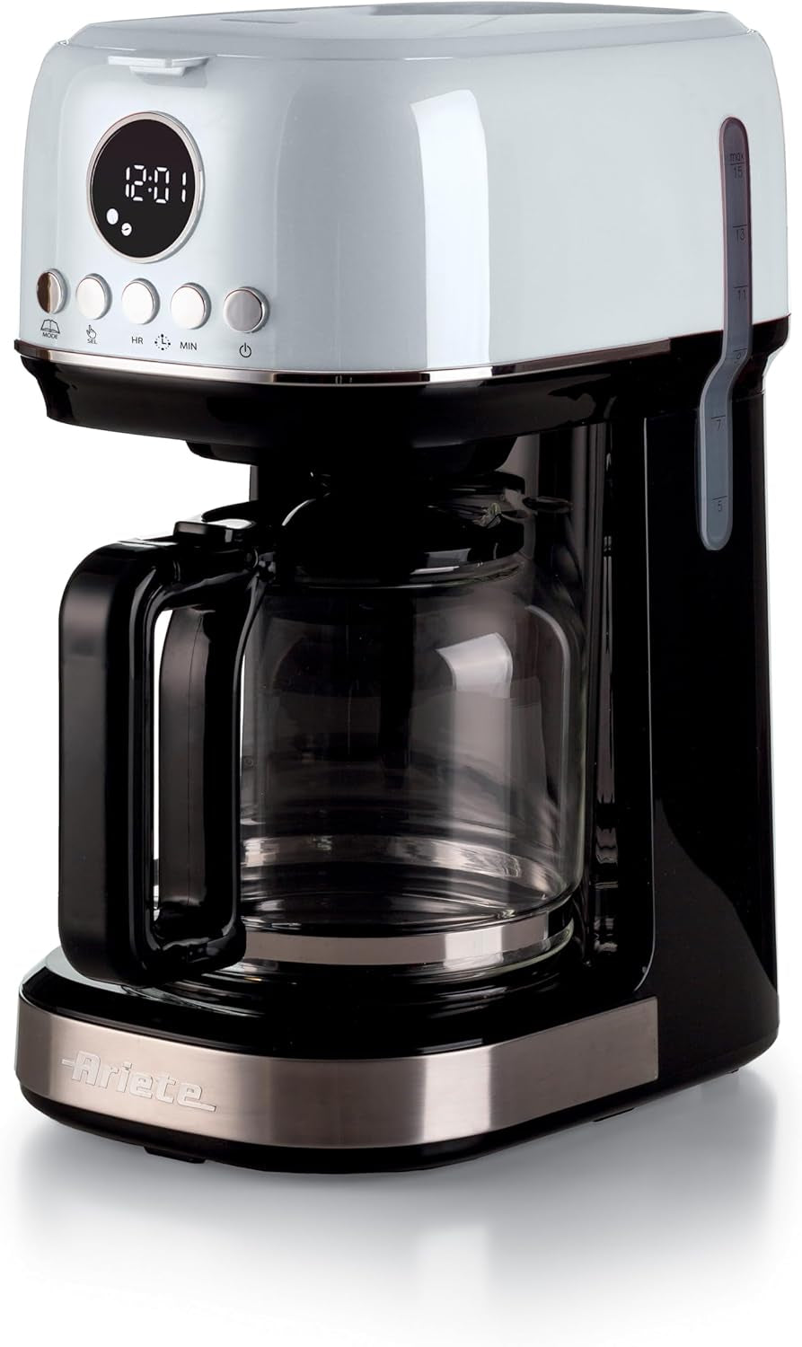 Ariete Moderna 1396 Filter-Espressomaschine für die Zubereitung von amerikanischem Kaffee, bis zu 15 Tassen, Glaskaraffe, Heizplatte, LCD-Display, herausnehmbare und waschbare Filter, weiß