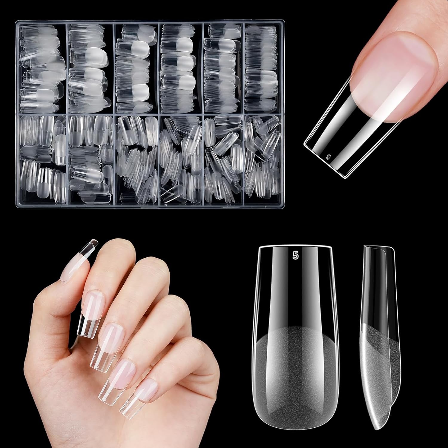Kurze künstliche Nägel, 500 Stück, weiche Gel-Nagelspitzen mit vollständiger Abdeckung für Gelnägel, 12 Größen, vorpolierte Nagelspitzen für Gelnägel, kurze künstliche Nägel, Sargnagelverlängerungen mit Box