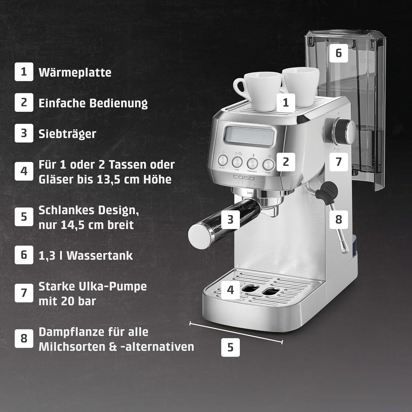 CASO EspressoGourmet Crema – Siebträger-Espressomaschine mit Milchaufschäumer, Espresso, Cappuccino, Edelstahl-Siebträger, ULKA 20-bar-Pumpe, Kaffeemaschine, gemahlener Kaffee, ESE-Kapseln