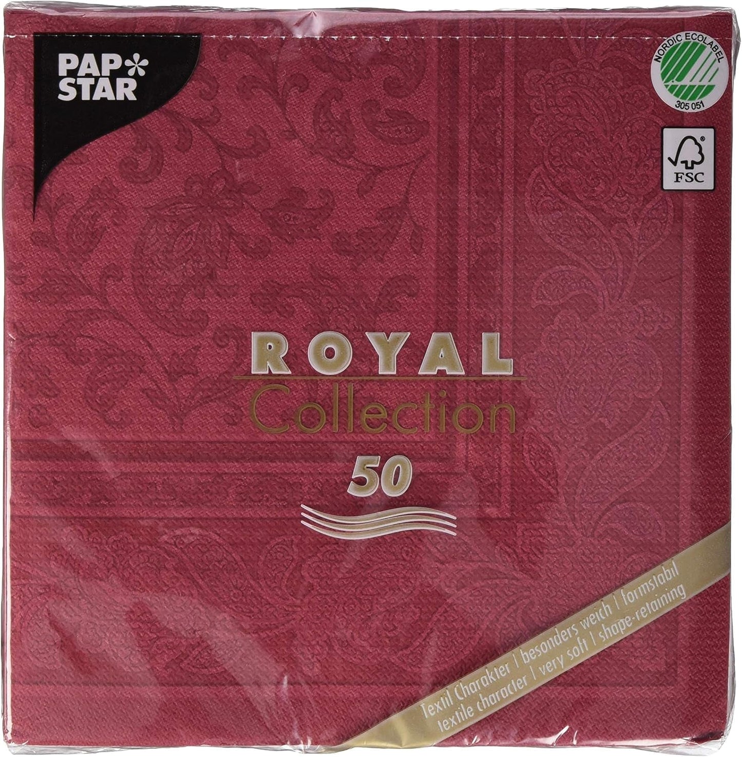 50 Servietten „ROYAL Collection“ 1/4 Falz 40 cm x 40 cm Bordeaux „Ornaments“