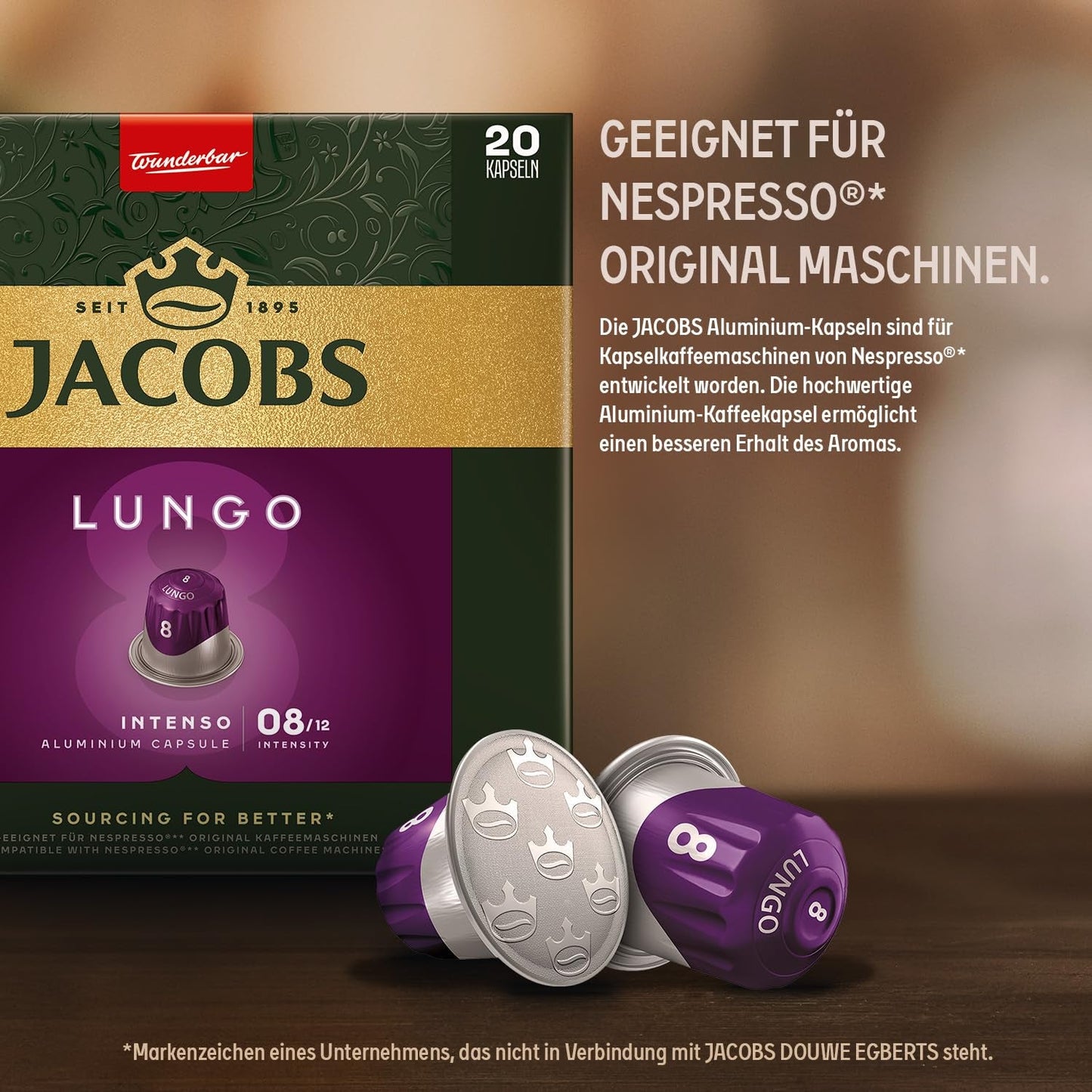 Jacobs Kaffeekapseln Lungo Intenso, Intensität 8/12, 10 x 20 Getränke, Nespresso* kompatible Kaffeekapseln, 200 Kapseln