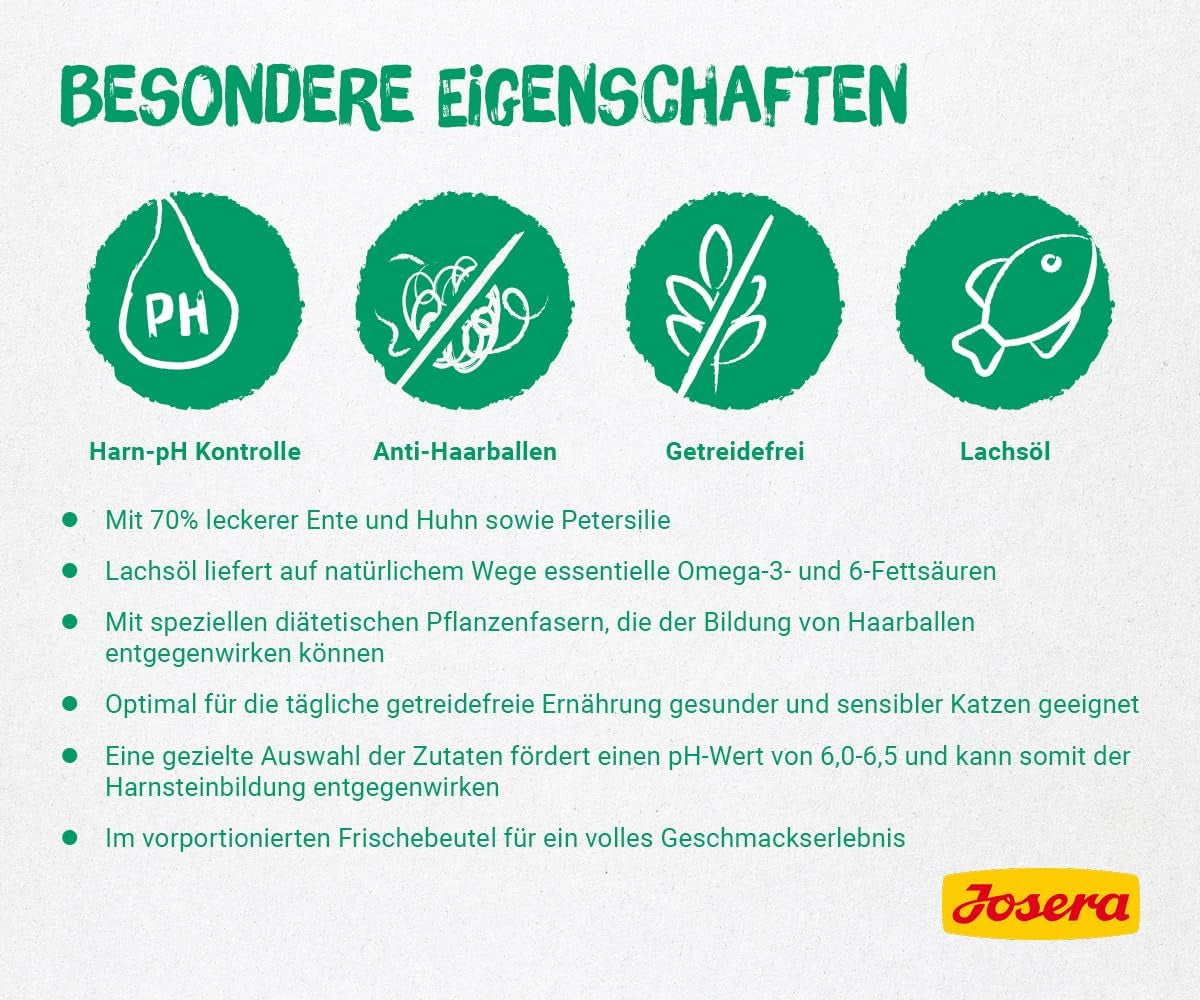 JOSERA Enten- und Hühnerpastete mit Petersilie (16 x 85 g) | Erwachsener | Premium-Nassfutter für ausgewachsene Katzen | Enten- und Hühnerpastete | Lachsöl | Keine Körner | Nasses Katzenfutter in frischen Beuteln | 16 Stück