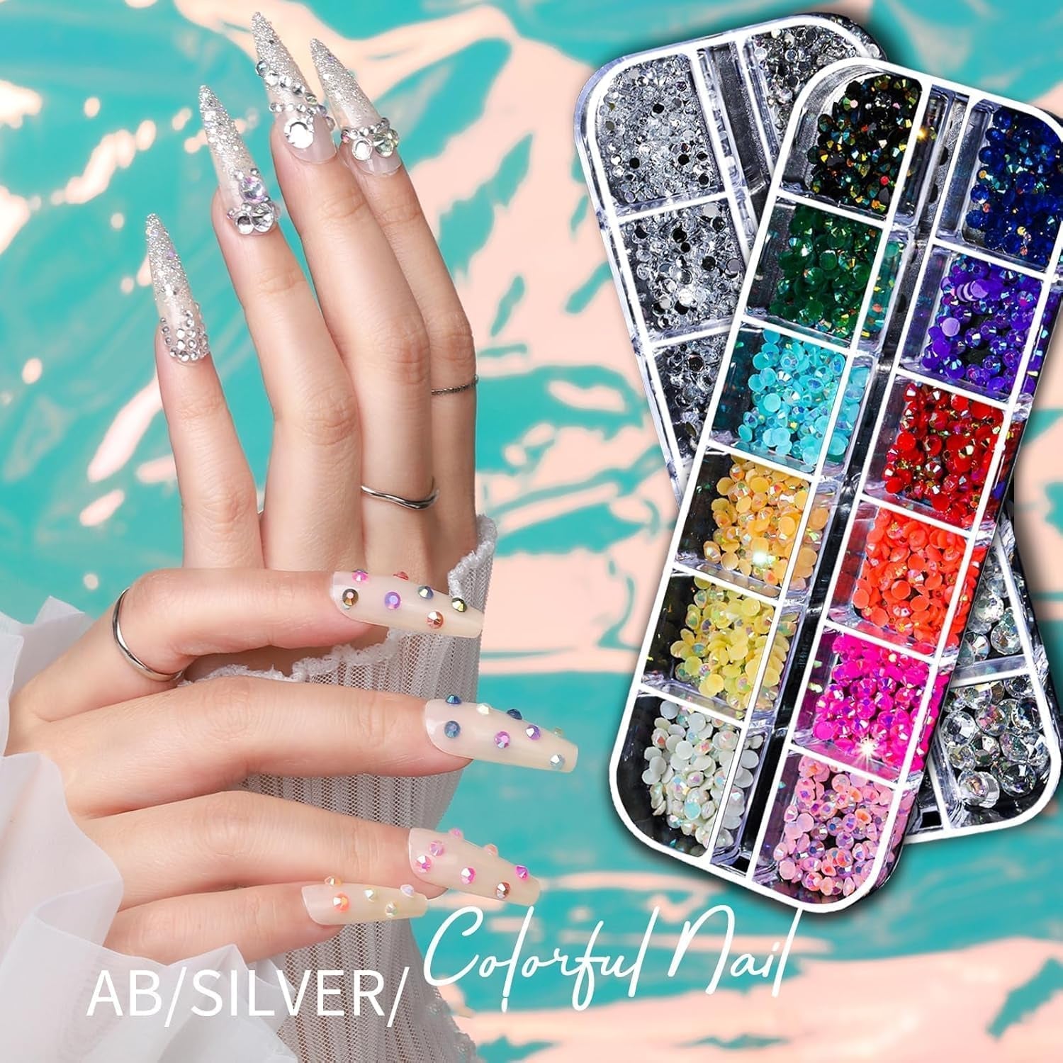 Nail Charms,6 Boxen Gold Silber Nagel Charms 3D Gold Bogen Stern Nail Art Dekoration+6200 Strasssteine ​​​​Bunt Steine ​​​​AB Perlen Diamanten,3D Legierung Bow Nail Gems Nagel Deko Für Frauen Nagel (6-A)