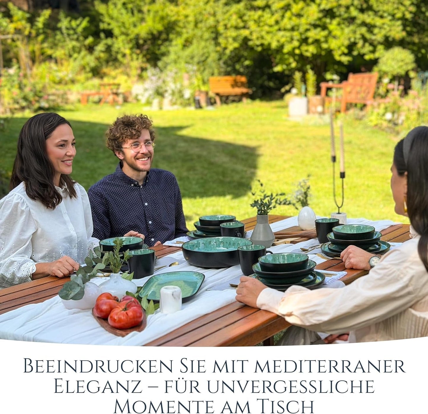24-teiliges Keramik-Steinzeug-Geschirrset für 6 Personen, Ibiza-Design, TESTSIEGER. Ein wunderschönes mediterranes Geschirrset mit Schüsseln und Tellern. Pure Living Geschirrset, Salbeigrün.