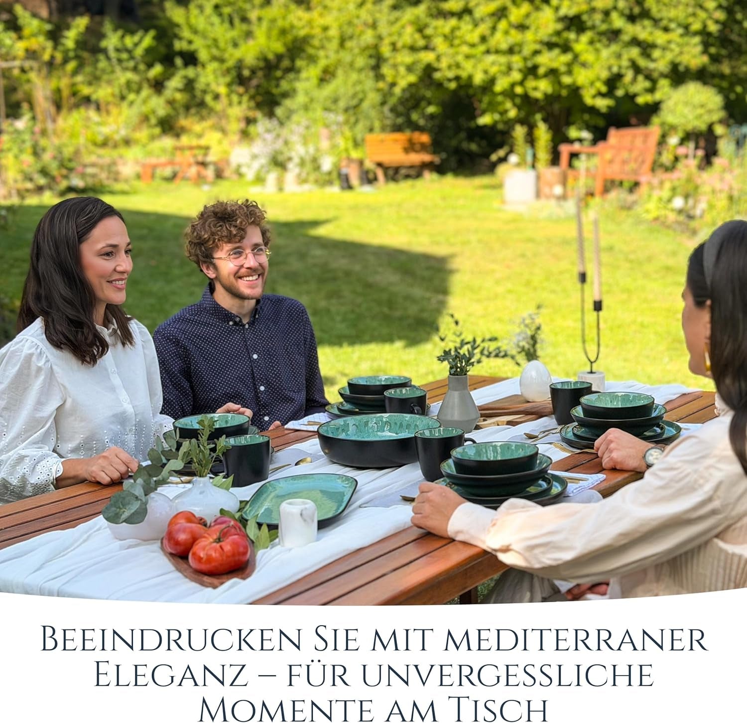 24-teiliges Keramik-Steinzeug-Geschirrset für 6 Personen, Ibiza-Design, TESTSIEGER. Ein wunderschönes mediterranes Geschirrset mit Schüsseln und Tellern. Pure Living Geschirrset, Salbeigrün.