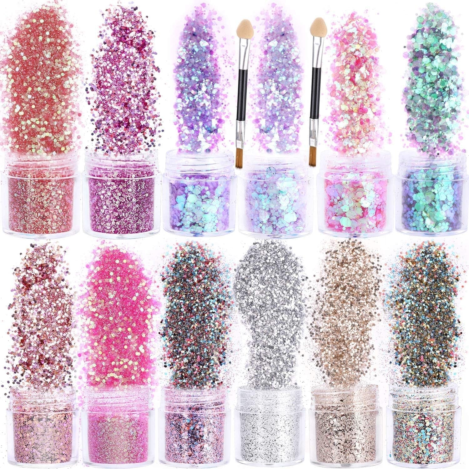 HOWAF 12 Boxen Nagelglitzer, Gesicht, Körper, Pinsel, Glitzer, Make-up, Nagelglitzer, Augen, Lippen, Haare, Körper, Dekoration, Halloween, Weihnachten, Festival, Maskerade, Make-up-Zubehör