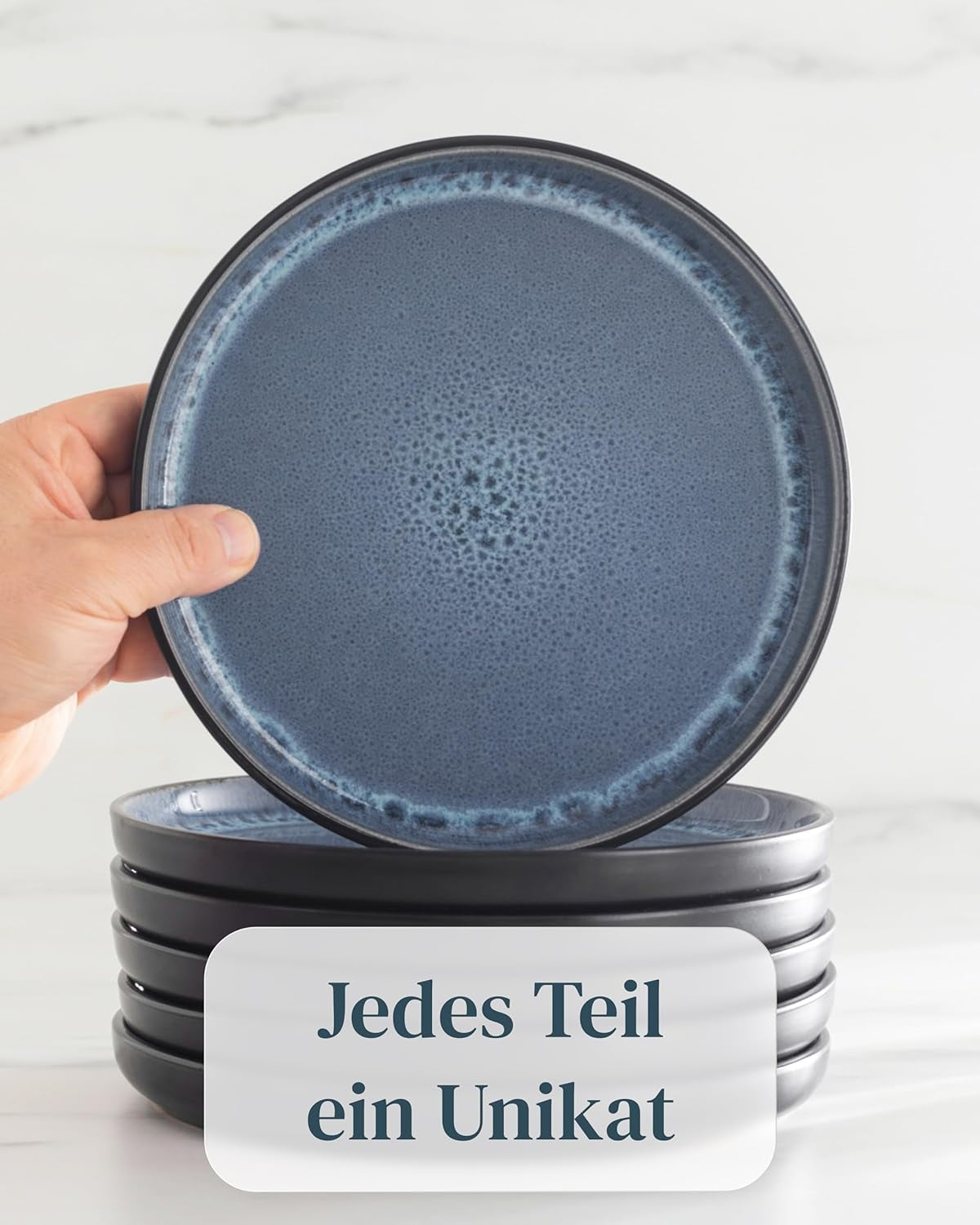 18-teiliges Keramik-Steinzeug-Geschirrset für 6 Personen, Ibiza-Design, TESTSIEGER. Ein wunderschönes mediterranes Geschirrset aus Keramiksteinzeug mit Schüsseln und Tellern. Pure Living Geschirrset in Rauchblau.